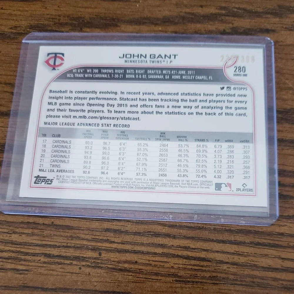 2022 Topps Series 1 John Gant 235/300 Advanced Stats Minnesota Twins
